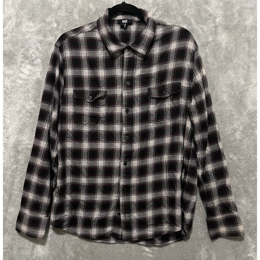 Paige Mens Everett Button Down Shirt Large‎ Plaid Rayon Cotton Soft Flannel